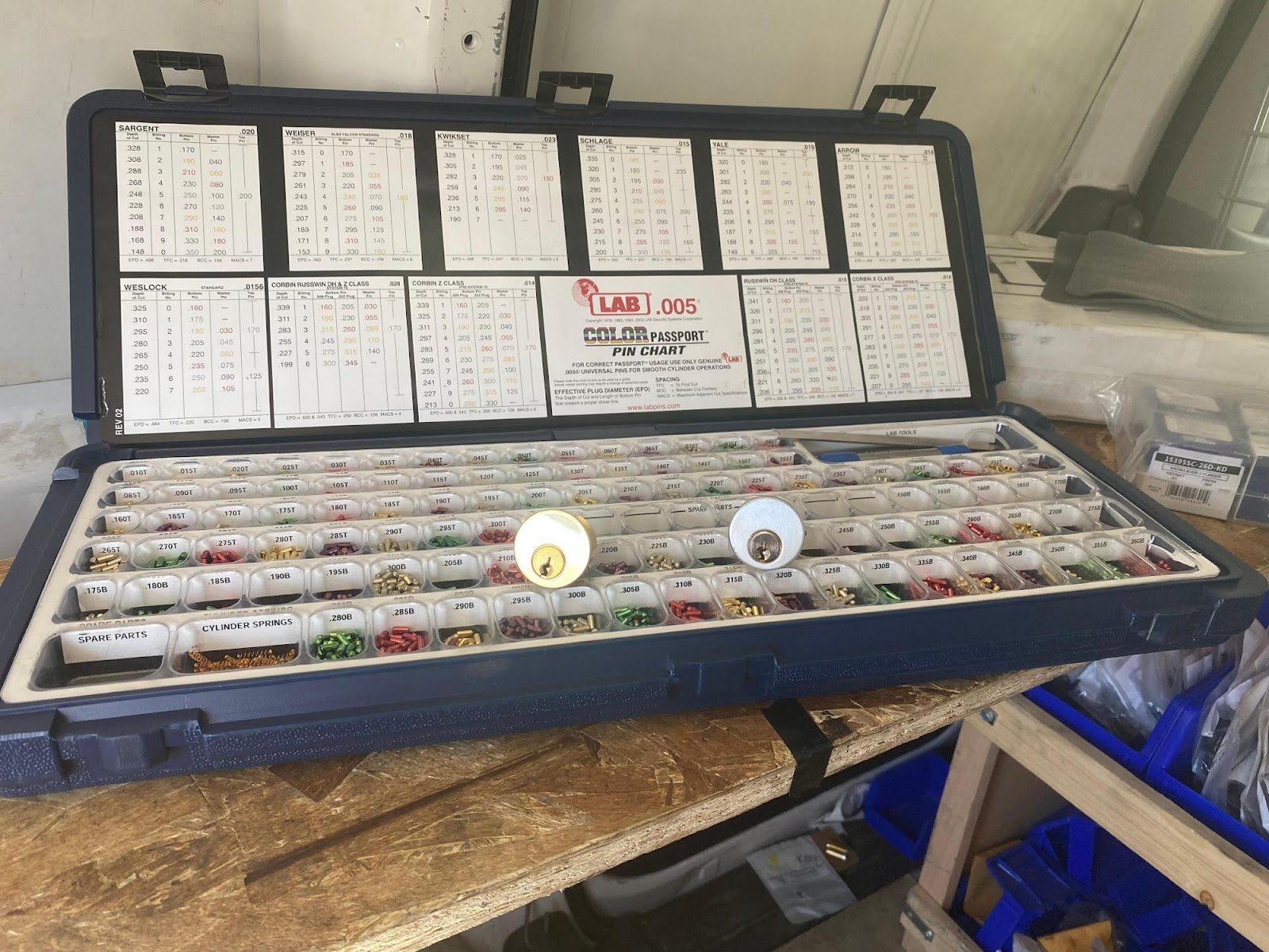 970 Locksmith Fort Collins workshop — lock cylinders and master key pinning tools laid out for a job